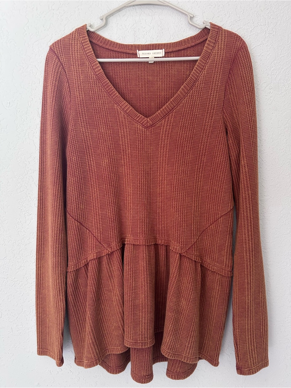 Gilded Intent Rust Ribbed V-Neck Peplum Sweater